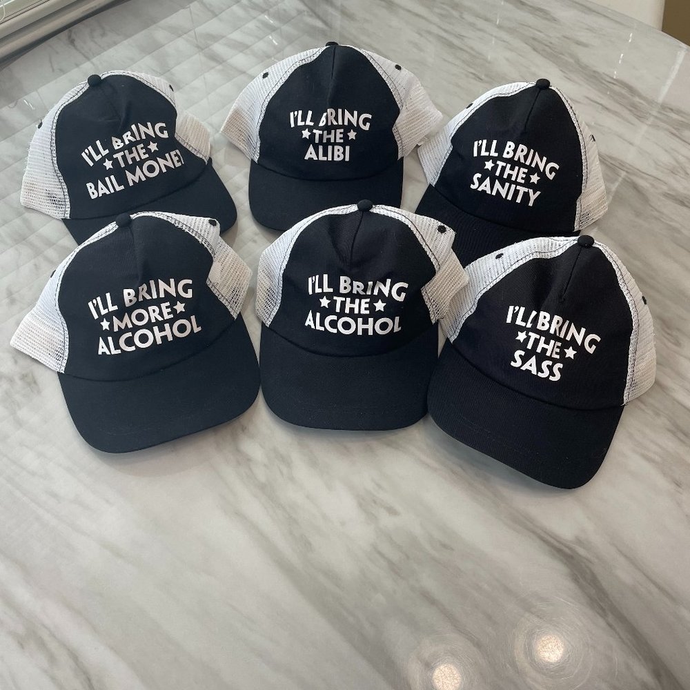 Set of 6 new black and white Bachelorette trucker hats I'll bring the....